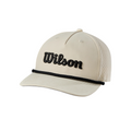 The Wilson Golf Rope Cap by Wilson features beige fabric, black front embroidery, a black rope above the brim, and perforated side panels for ventilation—a retro cap that blends style and comfort on the course.