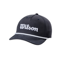 The Wilson Golf Rope Cap by Wilson features a dark navy design, white Wilson embroidery on the front, and a white rope above the brim—a stylish retro golf hat for any course.