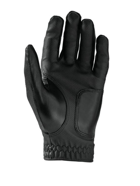 The Wilson Men's Grip Plus Golf Glove by Wilson, shown palm forward on a white background, features reinforced palm padding and textured detailing for durability. Color: black.