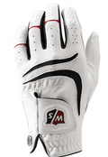 The Wilson Men's Grip Plus Golf Glove features a white design with black and red accents, ventilation holes, an adjustable strap, and a W/S logo near the wrist for a secure fit.