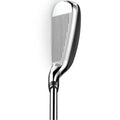 A close-up of a sleek, shiny Wilson Launch Pad 2 Men's Graphite Iron Set club head shows engraved grooves and a reflective finish, positioned vertically against a white background.