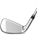 Close-up of a shiny Wilson Launch Pad 2 Mens Graphite Combo Iron Set (4H, 5H, 6–PW + GW) club head by Wilson, featuring the grooved face and part of the shaft against a plain white background.