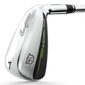 A close-up of a shiny silver Wilson Launch Pad 2 mens graphite combo iron set (4H, 5H, 6–PW + GW) shows the Wilson shield logo and Launch Pad branding with black and yellow accents—designed for forgiveness and featuring hybrids.