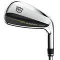 The Wilson Launch Pad 2 Mens Graphite Combo Iron Set (4H, 5H, 6–PW + GW) by Wilson features forgiving hybrids and distinctive black and yellow accents near the bottom of the club head.