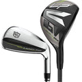 The Wilson Launch Pad 2 Mens Graphite Combo Iron Set (4H, 5H, 6–PW + GW) by Wilson is shown in black and silver with the Wilson and Launch Pad logos, featuring forgiving hybrids against a white background.