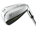 Close-up of a Wilson Launch Pad 2 Womens Package Hybrid/Iron Set club, showcasing the silver clubhead with textured pattern, LP branding, WS shield logo, and black and yellow accents near the bottom.