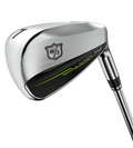 A close-up of the shiny silver Wilson Launch Pad 2 Womens Package Hybrid/Iron Set (5H, 6-PW+GW+SW) features black and neon green accents, highlighting this forgiving golf set designed for women.