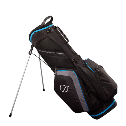 The Wilson Lite Carry Bag in Black/Charcoal/Blue by Wilson features silver legs, blue accents, multiple zippered pockets, a top handle, built-in stand, and is designed for lightweight, comfortable carrying.