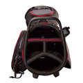 A top-down view of the Wilson Lite Carry Bag in Black/Charcoal/Red, a lightweight Wilson golf bag with padded dividers, multiple compartments, a sturdy handle, and comfortable double straps.
