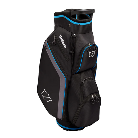 The Wilson Lite Cart Bag in Black/Charcoal/Blue features a sleek, modern design with 14-way top dividers, multiple zippered pockets, and a sturdy base for upright standing. Lightweight and functional, its ideal for any golfer.