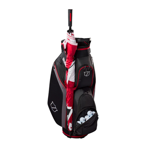 The Wilson Lite Cart Bag in Black/Charcoal/Red by Wilson is shown with multiple compartments, a golf umbrella, and white golf balls in an open pocket, displayed against a white background. Lightweight design ideal for easy carrying on the course.