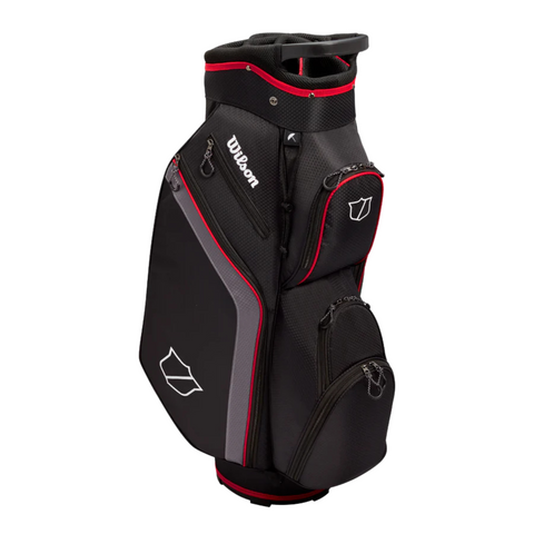 The Wilson Lite Cart Bag in Black/Charcoal/Red by Wilson is a lightweight golf bag with multiple zippered pockets and a top handle, shown standing upright against a white background.