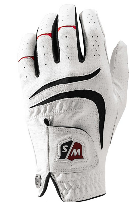 The Wilson Men's Grip Plus Golf Glove features a white design with black and red accents, ventilation holes, an adjustable strap, and a W/S logo near the wrist for a secure fit.