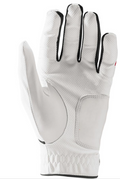 The Wilson Men's Grip Plus Golf Glove by Wilson is displayed palm-forward with fingers extended, featuring black trim, a palm patch, and textured wrist detailing.