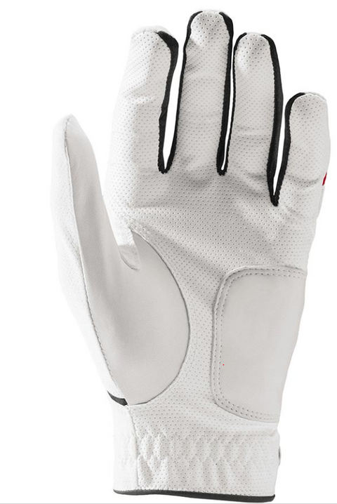 The Wilson Men's Grip Plus Golf Glove by Wilson is displayed palm-forward with fingers extended, featuring black trim, a palm patch, and textured wrist detailing.