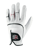 The Wilson Men's Grip Plus Golf Glove is white with black and red accents, ventilation holes, and a W/S logo on the wrist. Designed for the left hand by Wilson, it’s shown palm down.