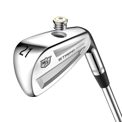 A Wilson Men's Staff Model Utility Iron (prior generation) in silver, marked "21" on the heel, features tungsten weighting, a visible top weight screw, and a polished finish.