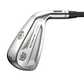 A close-up of the Wilson Men's Staff Model Utility Iron | Prior Generation showcases its sleek silver finish, Wilson branding, forged face, and detailed engravings on the club head.