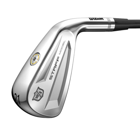 A close-up of the Wilson Men's Staff Model Utility Iron | Prior Generation showcases its sleek silver finish, Wilson branding, forged face, and detailed engravings on the club head.