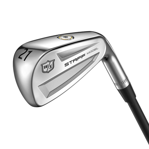 A close-up of the Wilson Men's Staff Model Utility Iron | Prior Generation displays the "21" on the toe, "WS" logo, and "STAFF MODEL" text. Its black shaft, forged face, and tungsten weighting stand out against a white background.