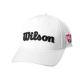 The Wilson Performance Mesh Cap is a white, breathable golf hat with bold black Wilson lettering on the front and a red-and-white logo patch on the side—a stylish choice for golfers in New Zealand.