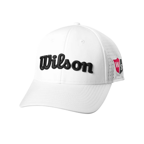 The Wilson Performance Mesh Cap is a white, breathable golf hat with bold black Wilson lettering on the front and a red-and-white logo patch on the side—a stylish choice for golfers in New Zealand.