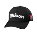 The Wilson Performance Mesh Cap is a black, breathable golf hat with bold white front embroidery and a red-and-white W/S shield logo on the side—ideal for golfers in New Zealand.