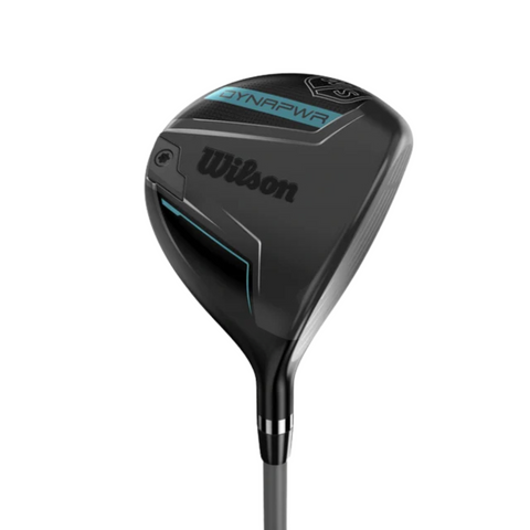 A black Wilson Women's Dynapwr Golf Club driver with blue accents and “DYNAPWR” on top, shown against a white background—part of the lightweight Wilson Women's Dynapwr Golf Club Set designed for forgiveness.