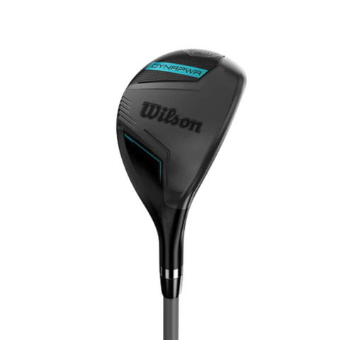 The Wilson Women's Dynapwr Golf Club Set in black features teal “DYNAPWR” details and forgiving clubs, designed by Wilson to offer women an easier, more enjoyable game. Displayed on a white background.