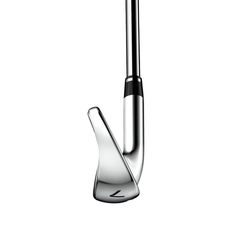 A closeup of a shiny silver iron from the Wilson Women's Dynapwr Golf Club Set by Wilson, showing the clubhead, hosel, and part of the black-and-silver shaft against a white background.