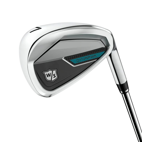 A close-up of the Wilson Women's Dynapwr Golf Club Set iron head shows its silver, black, and blue design with the WS logo and DYNAPWR branding—ideal for golfers seeking forgiveness from a trusted Wilson club.