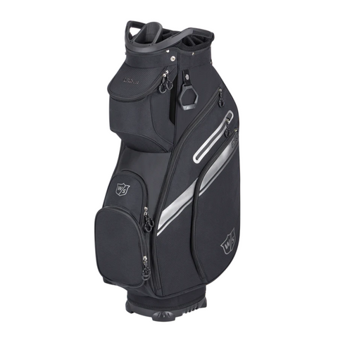 The black Wilson bag, made for the Wilson Women's Dynapwr Golf Club Set, boasts multiple zippered pockets, a reinforced base, and silver accents—perfect for carrying your clubs in style.