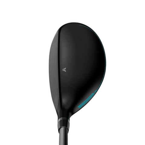 A Wilson Women's Dynapwr Golf Club Set hybrid in black with a matte finish is shown from above on white, featuring subtle grooves, a centered white logo, and blue accents near the edge of the clubhead.