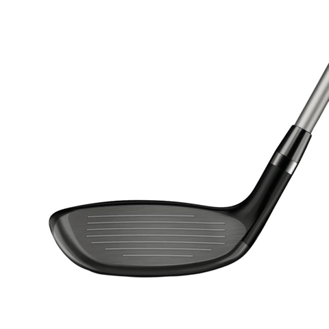 A close-up of a black iron head with visible grooves, attached to a metallic shaft from the Wilson Women’s Dynapwr Golf Club Set by Wilson, known for its forgiving clubs, isolated on a white background.