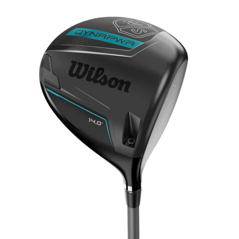 The Wilson Women's Dynapwr Golf Club Set features forgiving clubs, including a driver with 14.0° loft, black and teal design, and visible Wilson branding on the clubhead.