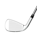 Close-up of a shiny Wilson Women's Dynapwr Golf Club Set iron head with horizontal grooves, shown against a white background. The angled club face highlights the metallic texture and detail of these forgiving Wilson clubs.