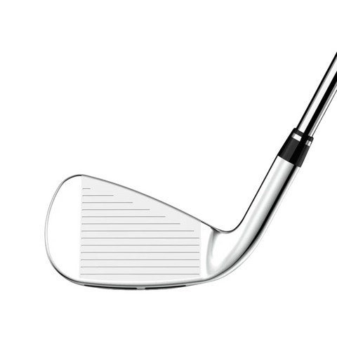 Close-up of a shiny Wilson Women's Dynapwr Golf Club Set iron head with horizontal grooves, shown against a white background. The angled club face highlights the metallic texture and detail of these forgiving Wilson clubs.