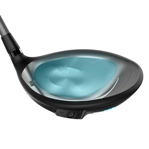 A close-up of the Wilson Women's Dynapwr Golf Club Set head, with a semi-transparent section showing a light blue-tinted inner layer, highlights the club’s structure and Wilson’s forgiving design.