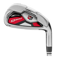 Close-up of a Mens Wilson D300 golf iron from the package set, featuring a silver clubhead with red and black accents and the Wilson logo.