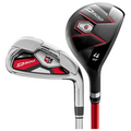 Close-up of two clubs from the Mens Wilson D300 Golf Club Package set, showing a silver iron and a black hybrid with red accents and shafts.