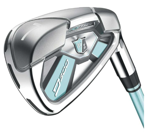 Close-up of a Wilson D300 Womens golf 7 iron, silver with teal accents, showing the back of the clubhead with the number 7 and Wilson logo.