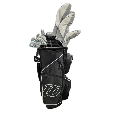 Wilson D300 Women's Golf Club Package set, black golf bag with large Wilson logo, silver and teal golf irons, and grey headcovers, front view.