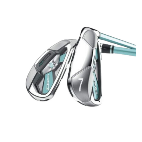 Close-up of Wilson D300 Womens golf irons, silver with teal accents, displaying the back and face of a 7-iron.