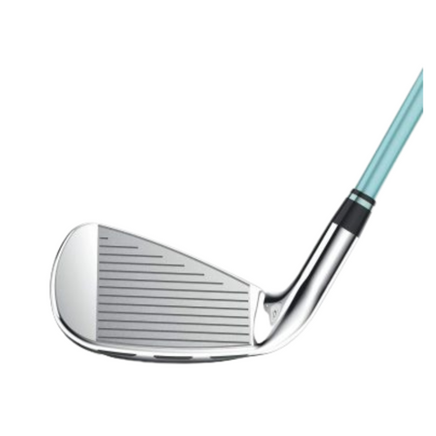 Face view of a Wilson D300 Womens golf iron, showing the grooved striking surface, with a teal shaft.