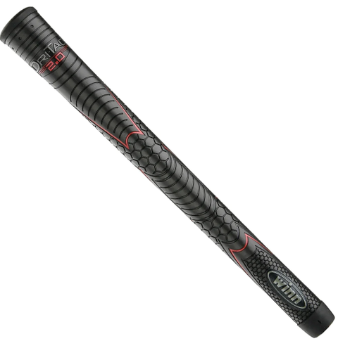 The Winn Dri-Tac 2.0 Standard Grip is a black golf grip with a hexagonal texture, red accents, and "Winn" on the end. The model name appears near the top, providing all-weather performance and a soft feel for confident swings.