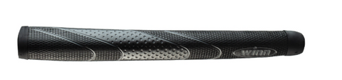 The Winn Tour Pistol Excel Putter Grip by Winn features a black textured design with diagonal grooves and small bumps, plus a “Winn” logo on the right side—ideal for upgrading your putter grips. Set against a white background.
