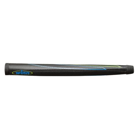 The Winn Tour Pistol Excel Putter Grip by Winn features a textured black surface with blue and silver accents and displays the Winn logo in blue and yellow—an ideal addition to any golf grip collection.