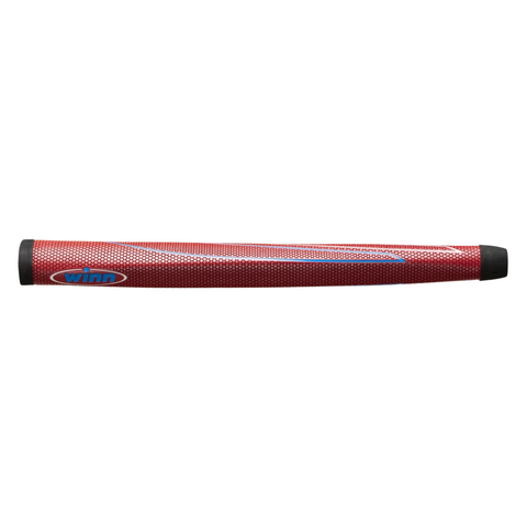 The Winn Tour Pistol Excel Putter Grip by Winn features a red and black textured design, a blue Winn logo on the left, and a slightly tapered shape—ideal for those seeking reliable putter grips.