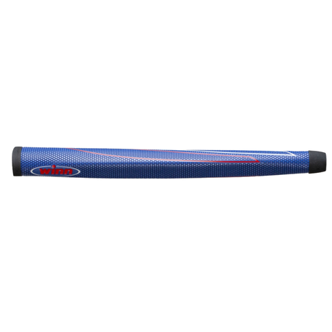 The Winn Tour Pistol Excel Putter Grip by Winn features a blue, textured surface with white and red accents and black ends, shown on a white background. This premium grip offers golfers superior control and comfort.