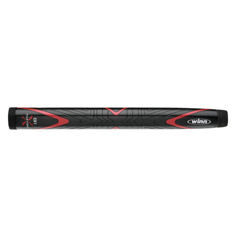 The WinnPro X 1.18" Grip by Winn features a black design with red and gray accents, a textured pattern, and the Winn logo. This oversize putter grip reduces wrist action for greater stability and control on the green.